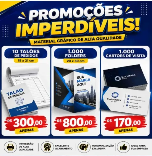 Promoções gráfica: 1000 cartões de visita, 1000 folders, 10 talões 15x21 cm