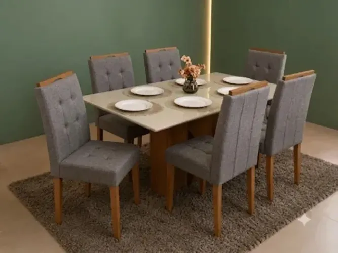Mesa de Jantar Los Angeles com 6 Cadeiras Linho Cinza | Frete Grátis