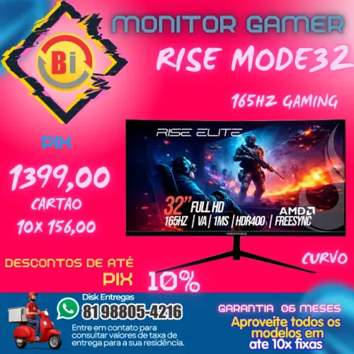 Monitor Gamer Curvo Rise Mode Elite 32", FHD, 165Hz - Em ate 10x Fixas