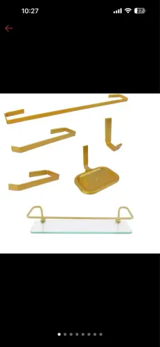 Kit Banheiro 5 Peças Quadrado Dourado + Porta Shampoo Reto Dourado Vidro Incolor