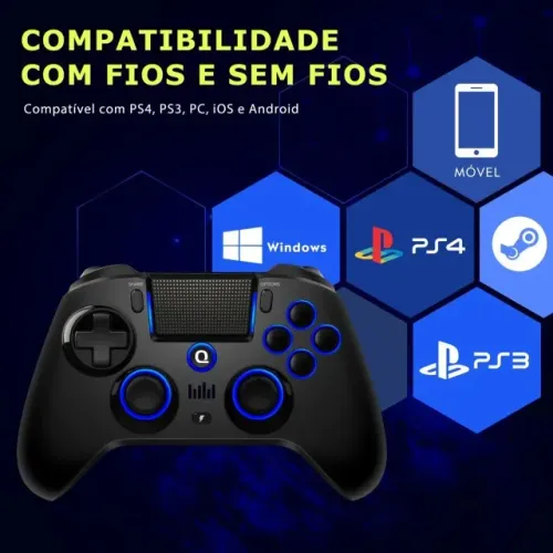 Controle QRD Spark N5 Pro p/ PS4/PS3 Touchpad Áudio Gyro Bluetooth PC Android iOS USB-C