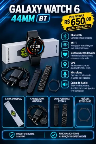 SAMSUNG GALAXY WATCH 6 44mm (BLUETOOTH) - COMPLETO NA CAIXA + PULSEIRAS EXTRAS + PELÍCULA