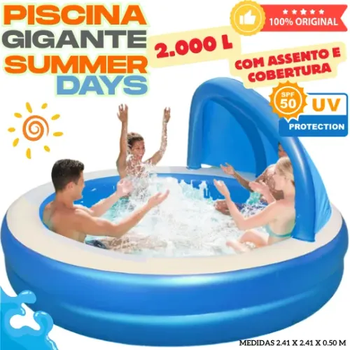 PISCINA GIGANTE FAMILY POOL SUMMER DAYS 2.000L REDONDA INFLÁVEL C/ COBERTURA UV 50%