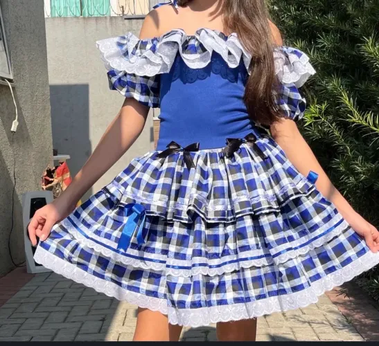 Vestido Festa Junina 10/12 azul xadrez