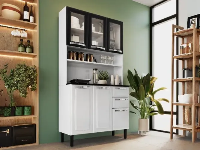 Armário Cozinha c/  Vidro Pratika Aço Branco/Preto Frete Grátis 