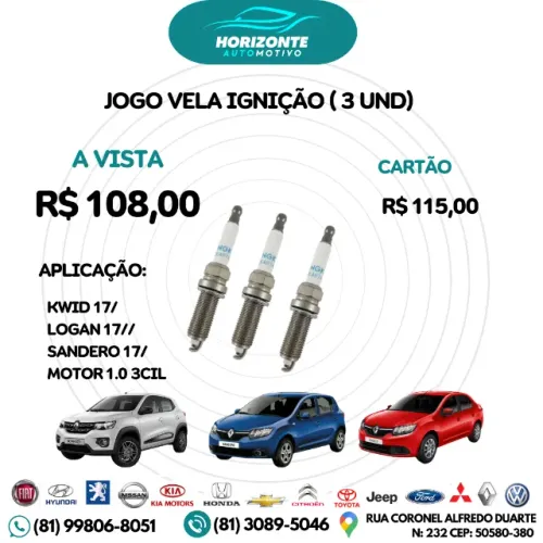 jogo vela ignição kwid logan sandero 1.0 3 cilindros 2017/