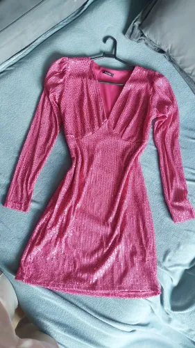 Vestido Festa Paetê Rosa Manga Longa