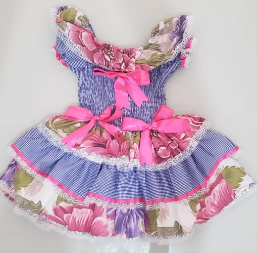 Vestido Festa Junina Rosa/Azul Florido 6 anos
