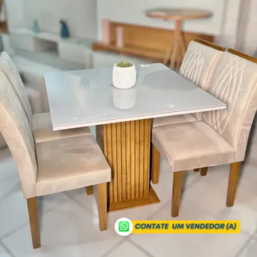 Mesa 4 Cadeiras Tampo MDF revestido com Vidro 4mm - Monta na Hora