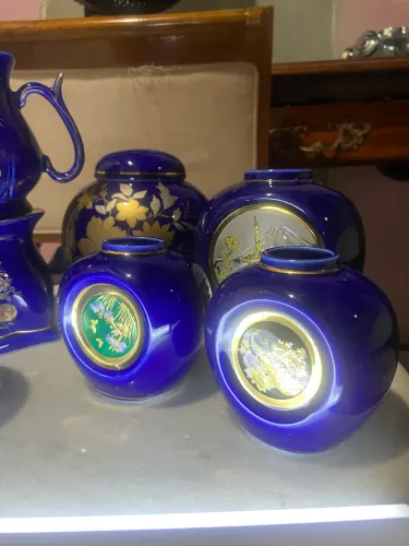 Kit 5 itens porcelana chinesa azul 2 Potiches e 3 vasos sem tampa