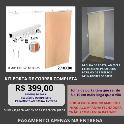 porta de correr com trilho de 2mt e ferragens e folha de porta