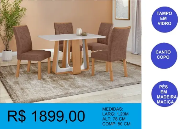 Mesa de jantar com 4 cadeiras com vidro - Entrega e montagem GRATIS