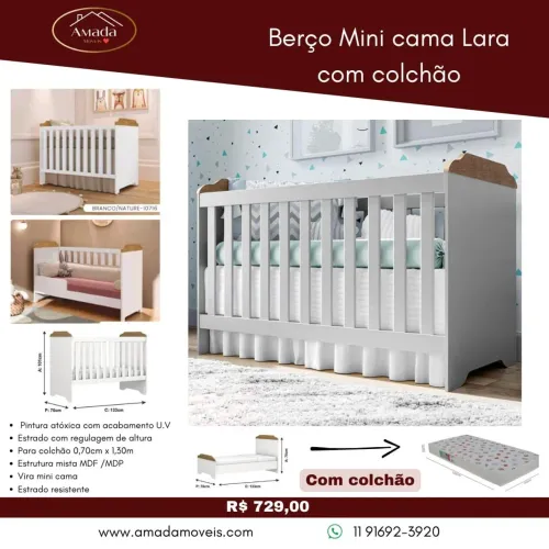Berço Mini Cama Lara com colchão - à pronta entrega