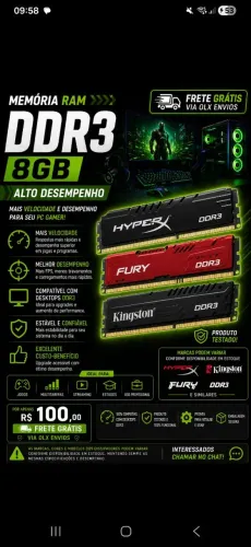 Memoria ram 8gb gamer funcionado 