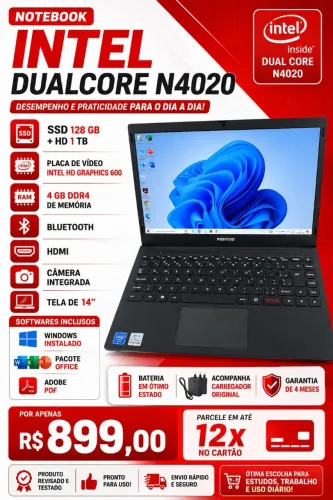 Notebook SSD de 128 + HD de 1 tera 4gb DDR4 windows e pacote office até 12x no cartão 