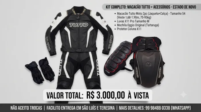 KIT COMPLETO PILOTAGEM ESPORTIVA: MACACÃO TUTTO TAM. 54 + LUVAS, MOCHILA OGIO E PROTETO