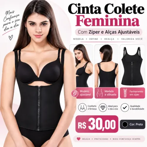 Cinta Colete Feminina com Zíper e Alças Ajustáveis Preta por R$ 30