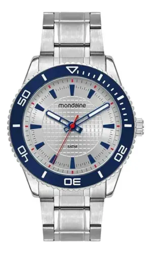 Relógio Masculino Mondaine Analógico de Aço Prata com Detalhes em Azul