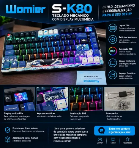 Teclado Mecânico Womier S-K80 RGB 75% com Display Multimídia