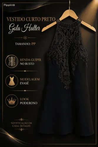 Vestido Curto Preto Gola Halter com Renda Guipir
