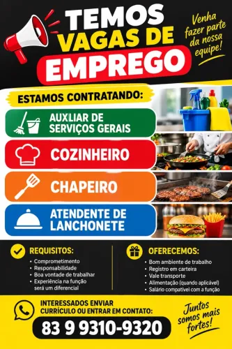 Vagas Emprego Chapeiro, Cozinheiro, Atendente, Serviços Gerais