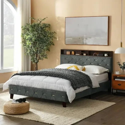 Cama EstofadaCom Cabeceira Aurora - Linho Texturizado Cinza