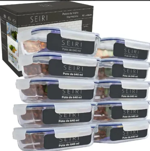 Kit 10 Pote De Vidro Marmita Hermético 640ml Freezer Fitness 4 Travas Micro-Ondas