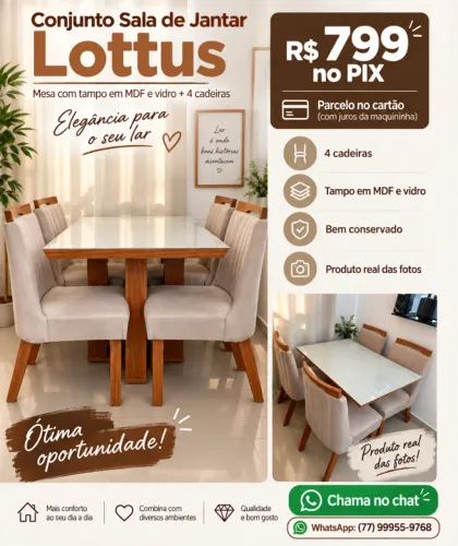 Mesa com 4 cadeiras Lottus e Tampao de vidro