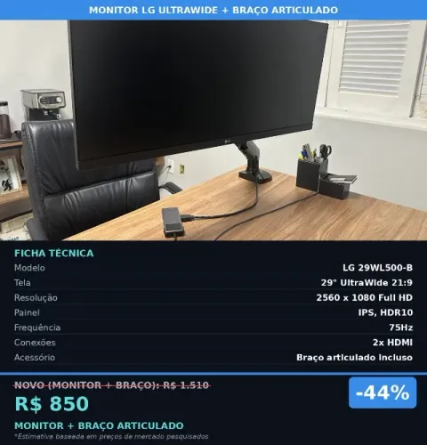 Monitor LG UltraWide 29" + Braço Articulado