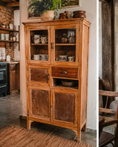 Armário Antigo de Cozinha Anos 40/50 em Madeira Maciça c/ Vidros Originais