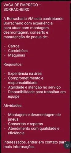 Vaga para Borracheiro