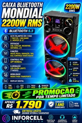 Caixa Bluetooth Torre de Som Mondial 2200w