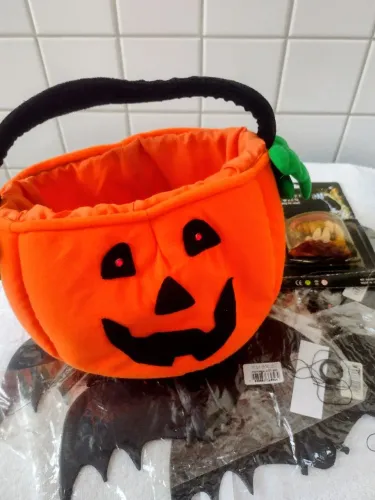 Kit Halloween Novo: Cesta Abóbora + 5 Morcegos + Dentadura