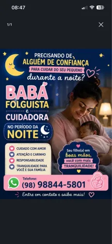 Babá/Cuidadora disponível no período da noite e finais de semana 