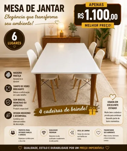 Mesa de Jantar 6 Lugares com Tampo de Vidro - Estado de Nova