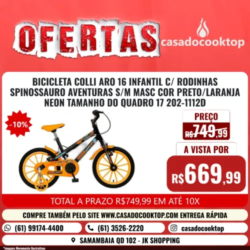 BICICLETA COLLI ARO 16 INFANTIL C/RODINHAS COR PRETO/LARANJA NEON TAMANHO DO QUADRO 17