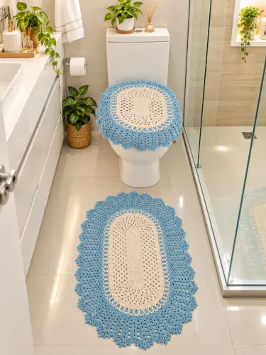 Jogo de banheiro em crochê azul com babado 2 peças
