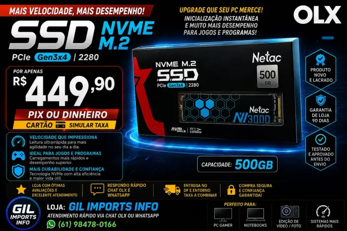 SSD NVMe M.2 Netac NV3000 500GB PCIe Gen3x4 - Novo Lacrado | Alta Velocidade