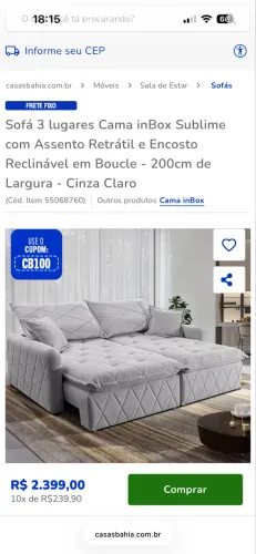 Sofá 3 lugares Cama inBox Sublime com Assento Retrátil e Encosto Reclinável