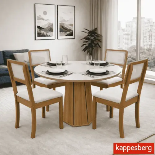 Mesa de jantar Jade Tampo Redonda 105x105cm c/vidro Off White 4Cds Canela Kappesberg