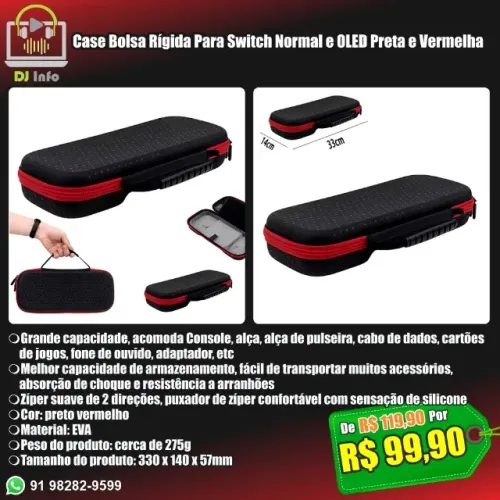 Case Bolsa Rígida Para Switch Normal e OLED Preta e Vermelha