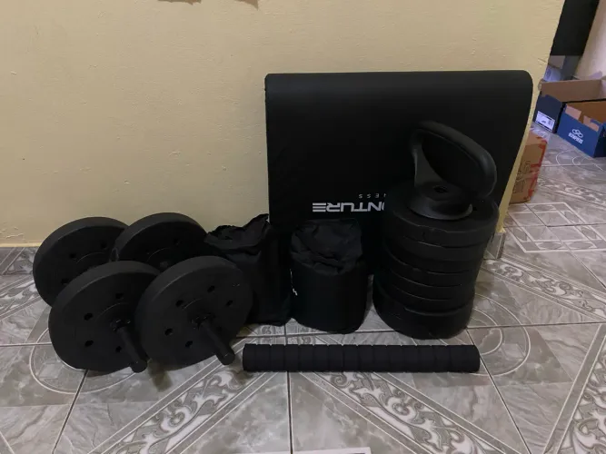 Kit Halteres Anilhas Barras e Kettlebell Ajustável BLACK - até 20kg