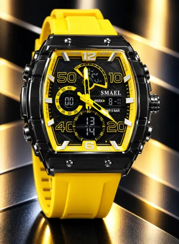 Relógio de pulso Smael Ana-Digi Amarelo Silicone PROVA D'ÁGUA Novo