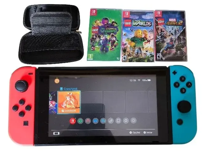Nintendo Switch V1 (Original/Bloqueado) + Joy-Cons Novos + 4 Jogos + Caixa e Acessórios