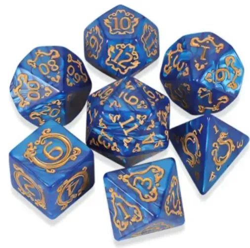 Kit 7 Dados Azul Para Jogos Magic DnD Rpg Com Bolsinha