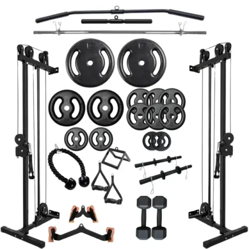 Kit Academia Home Gym Completo Polia + 100kg Anilhas + Barras e Puxadores