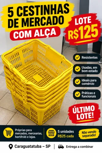 5 Cestinhas de Mercado com Alça Plásticas Reforçadas Lote