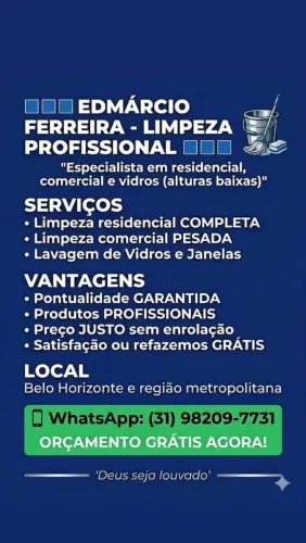 Faço faxina em casa e apartamento; limpeza de vidros e pós-obra.