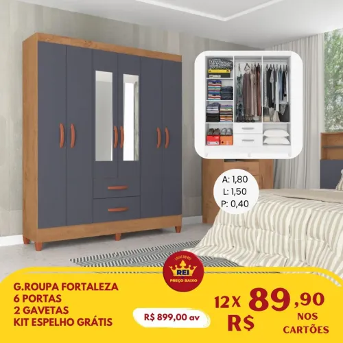 PROMOÇÃO URGENTE - Guarda-Roupa Roupeiro Fortaleza 6 PORTAS Cinza apenas 12x de R$89,90