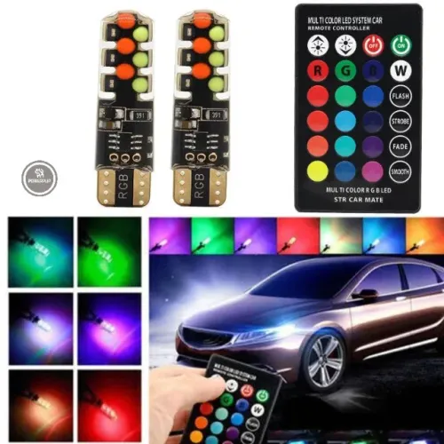 Par Lâmpada T10 LED Pingo RGB Automotivo com Controle 